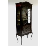 A late Victorian mahogany display cabinet with glazed sides, the glazed door with applied carved