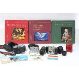 Various cameras & accessories; and three LP record box sets.