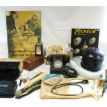 11. A black Bakelite telephone; a japanned-metal spice tin; a mitre board; & sundry other items.