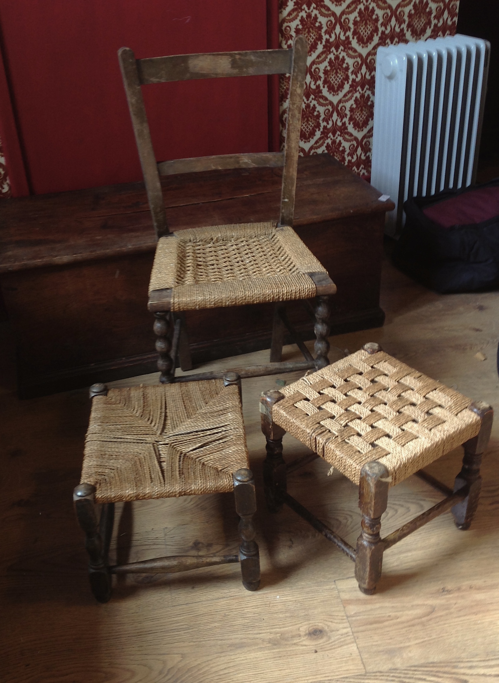 A ladder back string woven seat chair pl