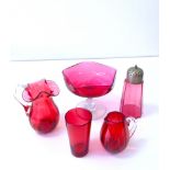 Five pieces of cranberry glass