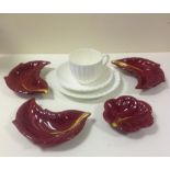 Four Vallauris pottery leaf design dishes, plus a Coalport trio set