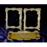 Two brass Art Nouveau frames with a brass tray. Tray - A/F. (3)