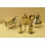 A collection of plated kitchenware, to include a sauce boat, cruets, mustard pot with spoon and blue