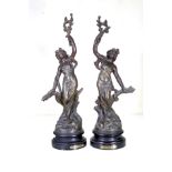 A pair of French late 19th Century bronzed figurines on wooden bases. 40cm. (2).