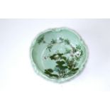 Celadon scalloped art pottery bowl. Hand