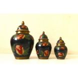 Three graduated enamelled Champleve pots