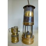 A 'Premier' brass miner's lamp (minus th