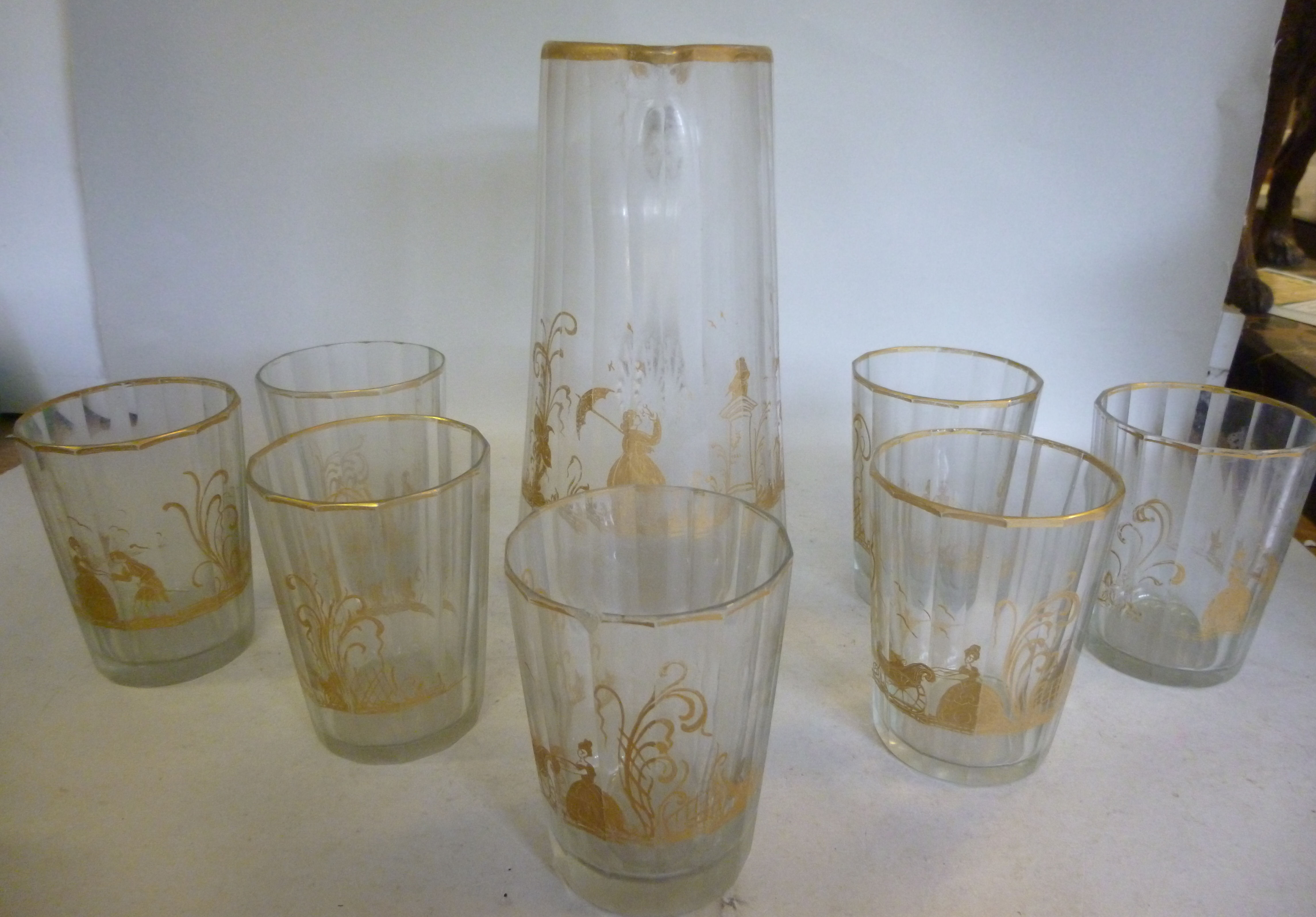 A mid 19thC facet cut glass cordial set, - Image 2 of 4