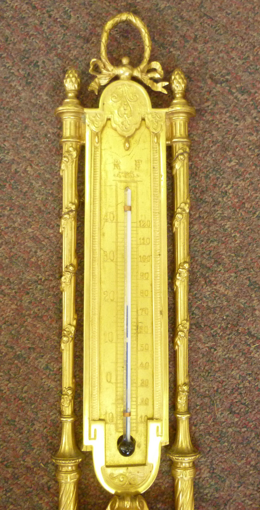 A late 19thC gilt brass barometer, ornat - Image 3 of 5