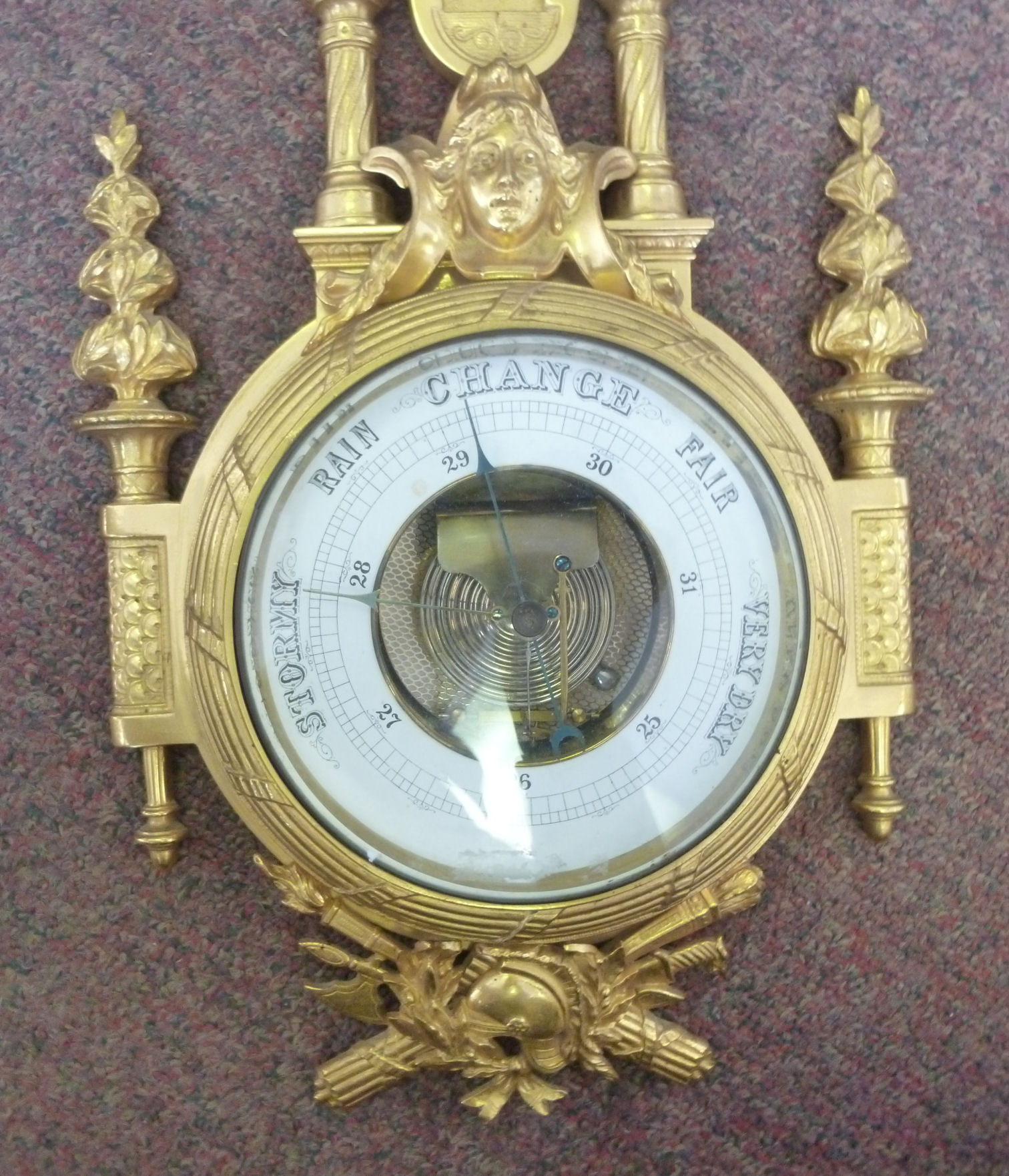 A late 19thC gilt brass barometer, ornat - Image 2 of 5