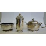 A three piece silver condiments set with