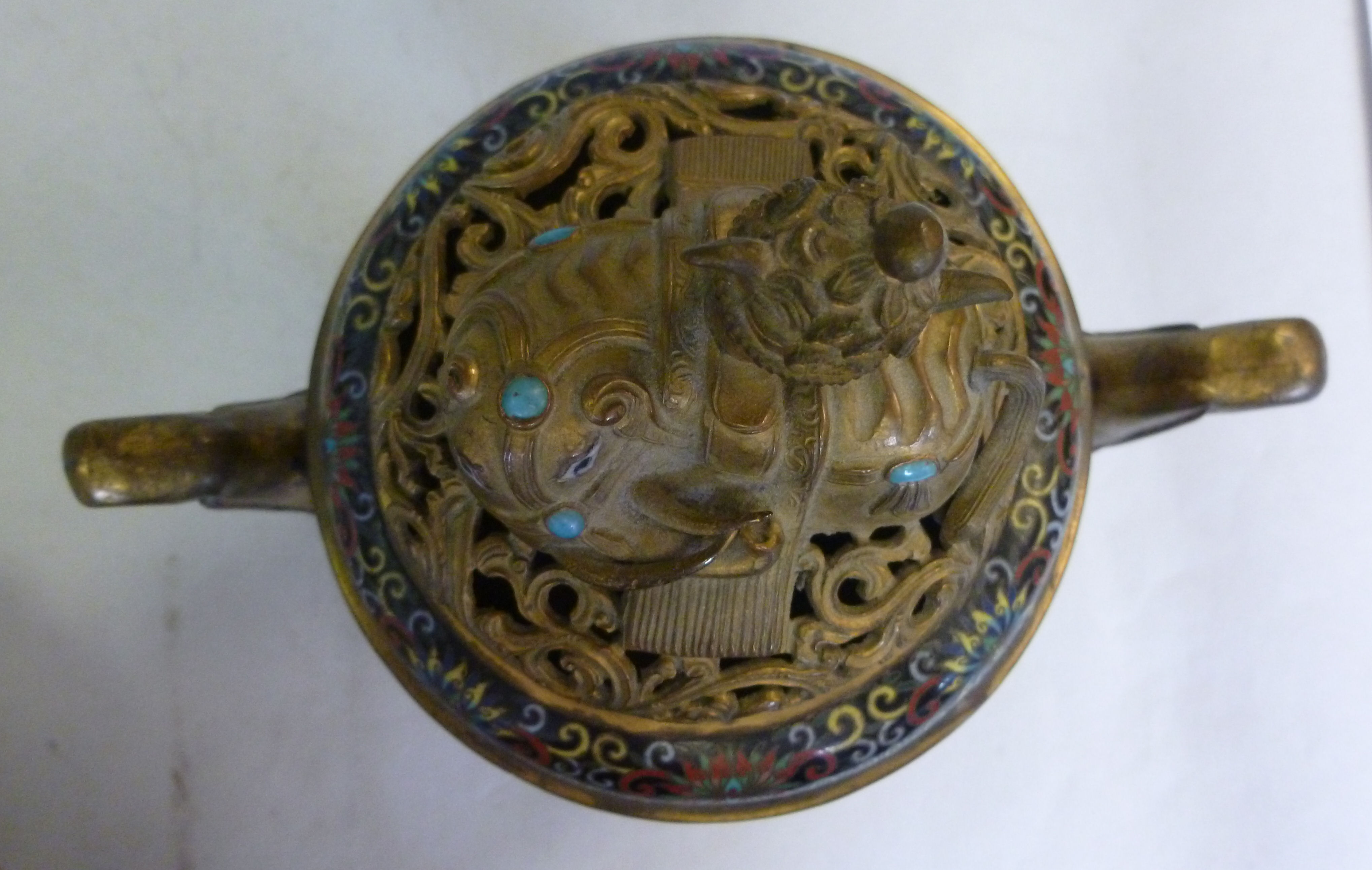 A late 19thC Asian cloisonne and gilt me - Image 3 of 9