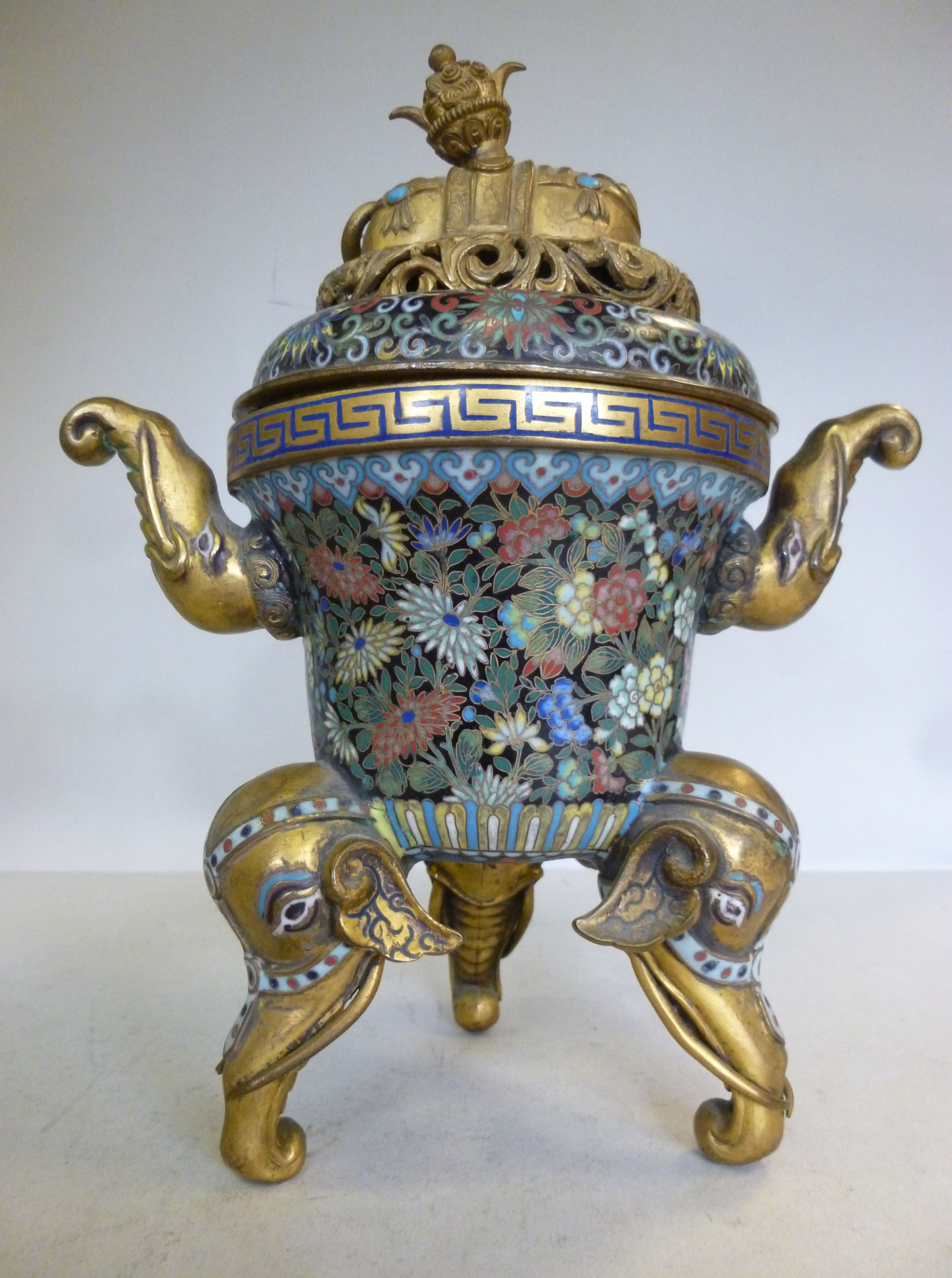 A late 19thC Asian cloisonne and gilt me