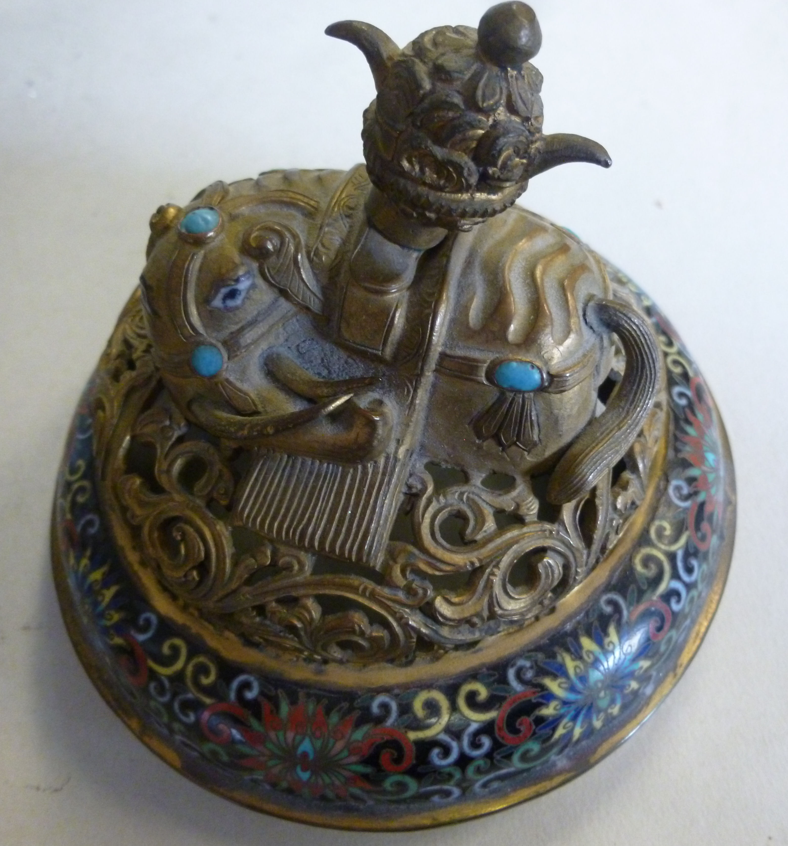 A late 19thC Asian cloisonne and gilt me - Image 7 of 9
