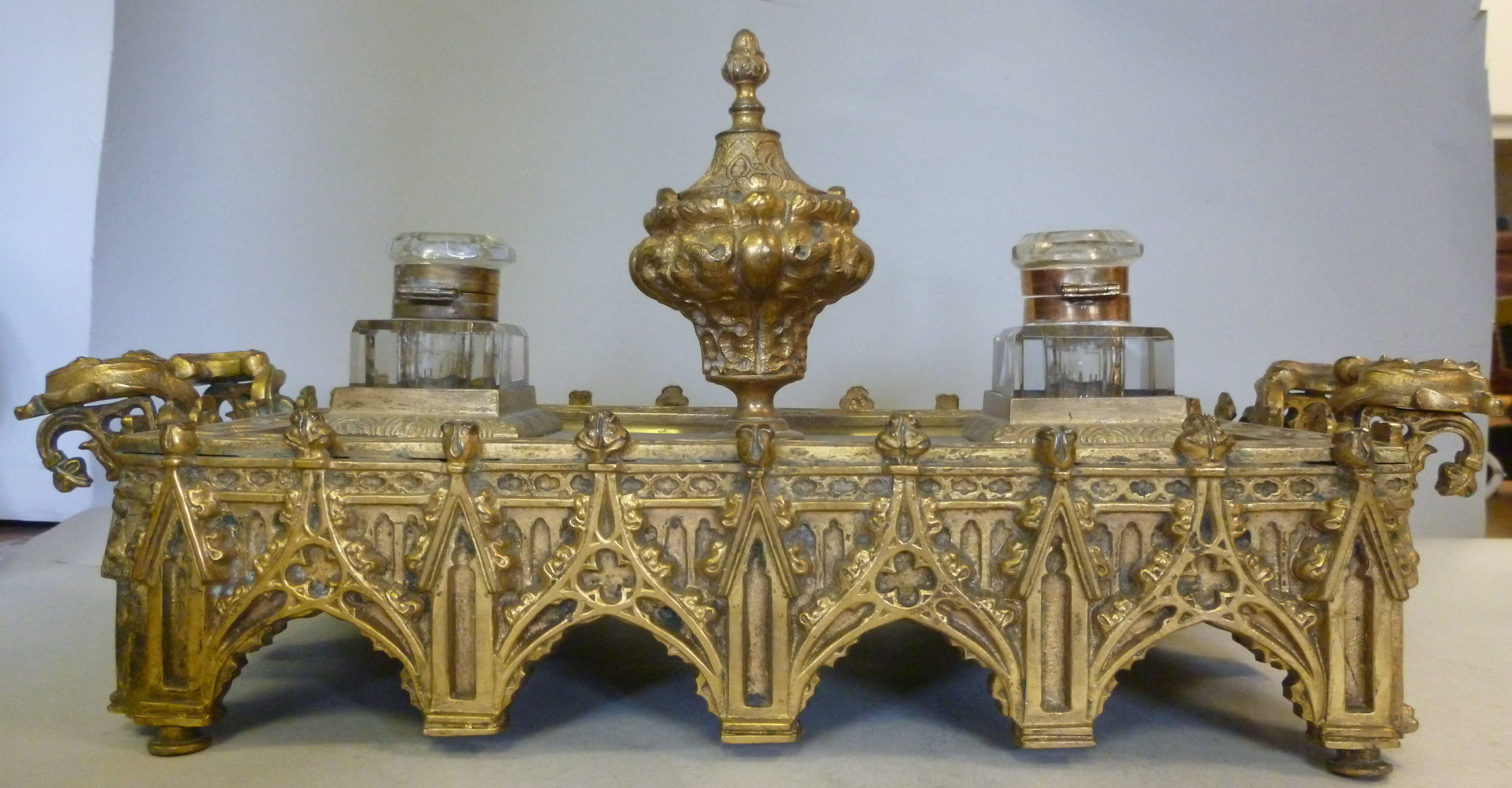 A late Victorian gilt metal deskstand, e