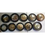 Ten variously framed Prattware pot lids,