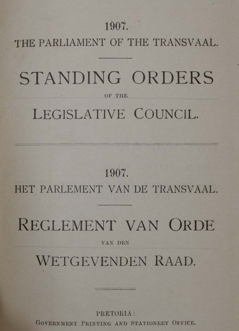 Government Printing And Stationery Office THE PARLIAMENT OF THE TRANSVAAL - STANDING ORDERS OF THE - Image 2 of 2