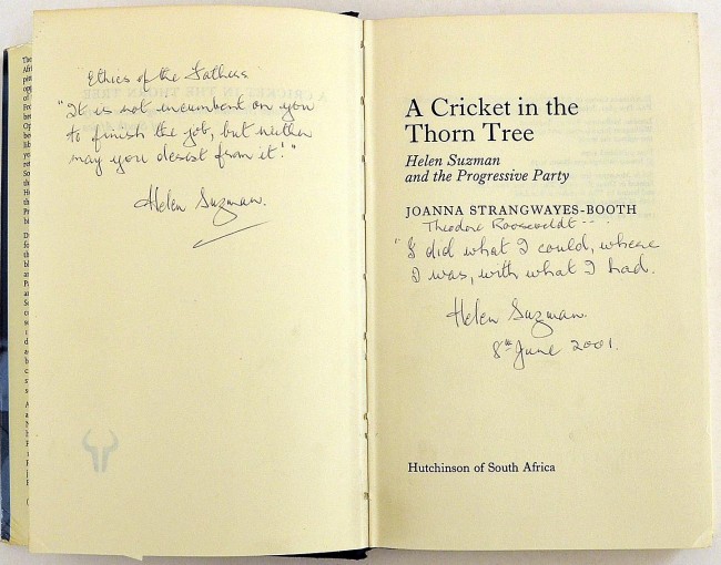 Joanna Strangwayes- Booth & Helen SuzmanTWO INSCRIBED HELEN SUZMAN TITLESComprising: 1. A Cricket In - Image 2 of 4