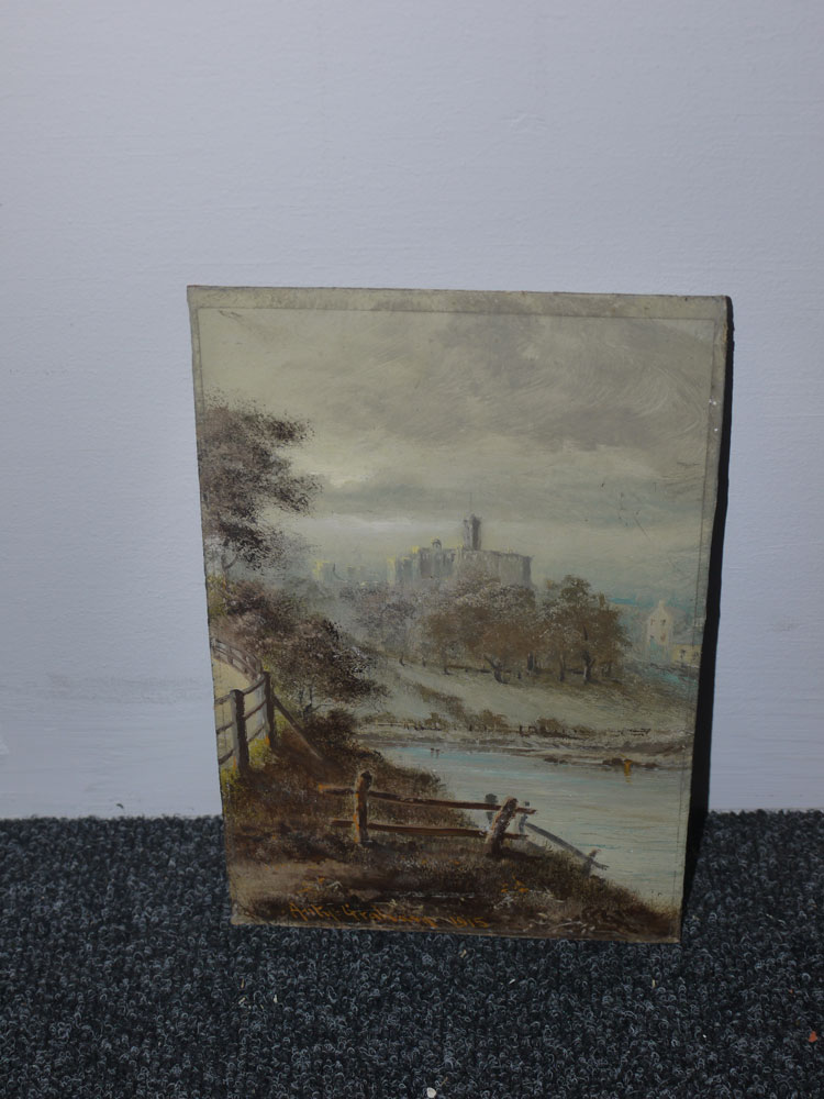 An oil painting - "Warkworth Castle, fro