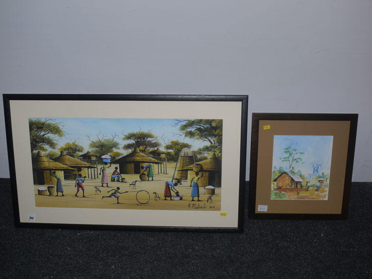 An African painting in gouache - Village