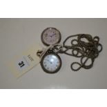 Two silver cased fob watches, one with white enamel roman dial, the other decorative pink enamel