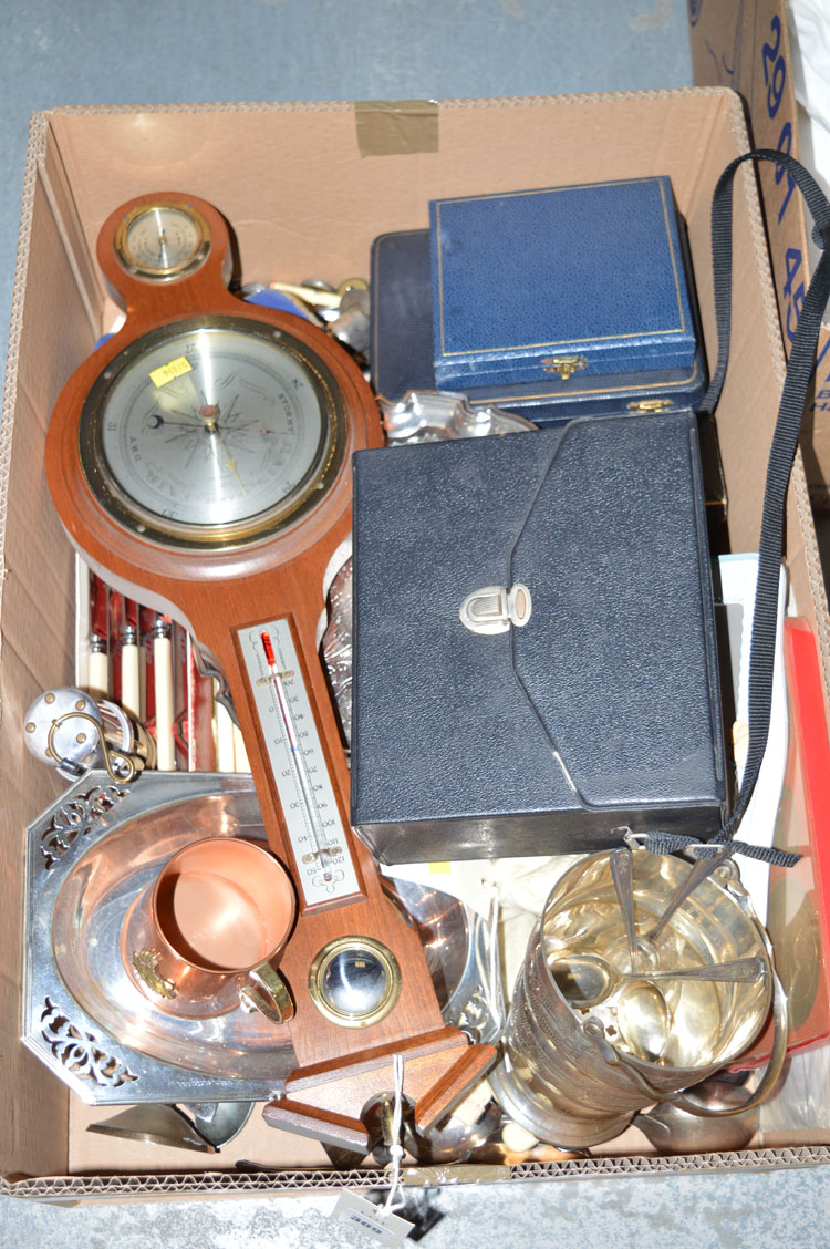 An aneroid barometer; plated ware, to include: an ice bucket, trays, flatware, in one box. - Image 2 of 2