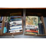 A collection of maritime hardback books, including: Nelson, Mountbatten, etc. in two boxes.