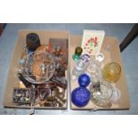 A collection of modern glassware; wooden ornaments and metalware, in two boxes.