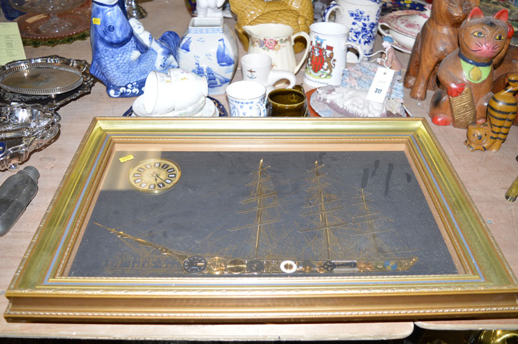 A collection of modern miscellaneous decorative china; and a clock in a Cutty Sark frame.