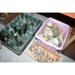 A collection of glass bottles; marmalade pots; etc., in three boxes.