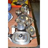 Two plated teapots; a tea caddy; and various plated metalware.