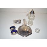 A cut glass sugar caster with silver cover,