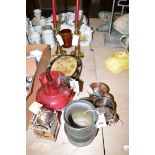 A large cranberry glass jug; a reproduction lantern style clock; five metal tankards,