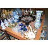 A petit point dressing table set; two Art Glass vases; and a large pierced bowl;