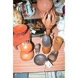 A squat cloisonne teapot; a red lacquered box; and three dishes;