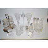 A pair of glass pickle jars in a silver plated stand; together with a quantity of glassware,