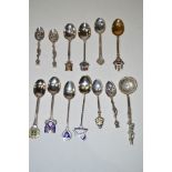 A quantity of silver and plated commemorative teaspoons, some enamelled.