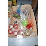 A quantity of decorative glass, to include: drinking vessels; vases; trays; etc., in a box.