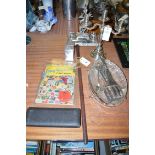 A leather swagger stick; a Victorian two bottle silver plated ink stand with bird decoration;