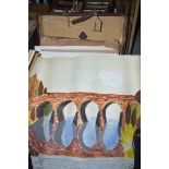 A large quantity of amateur paintings and colour prints; etc., in brown leather suitcase.