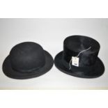 A bowler hat; and a top hat.