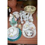 Two pairs of white candlesticks; a Doulton bowl; a figurine; and miscellaneous decorative china.