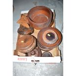 A quantity of turned wooden bowls and Chinese hardwood stands, in a box.