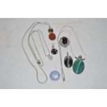 Stone set silver jewellery, to include: pendants and brooches, stones include banded agate, quartz,