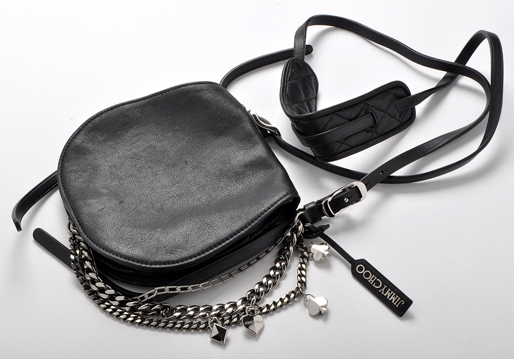 Jimmy Choo: black leather handbag, with white metal chain link decoration, pale leather to interior,