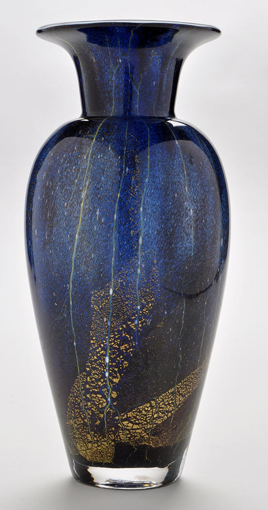 Dartington Studio: a mottled blue crackled glass vase with gold inclusions,