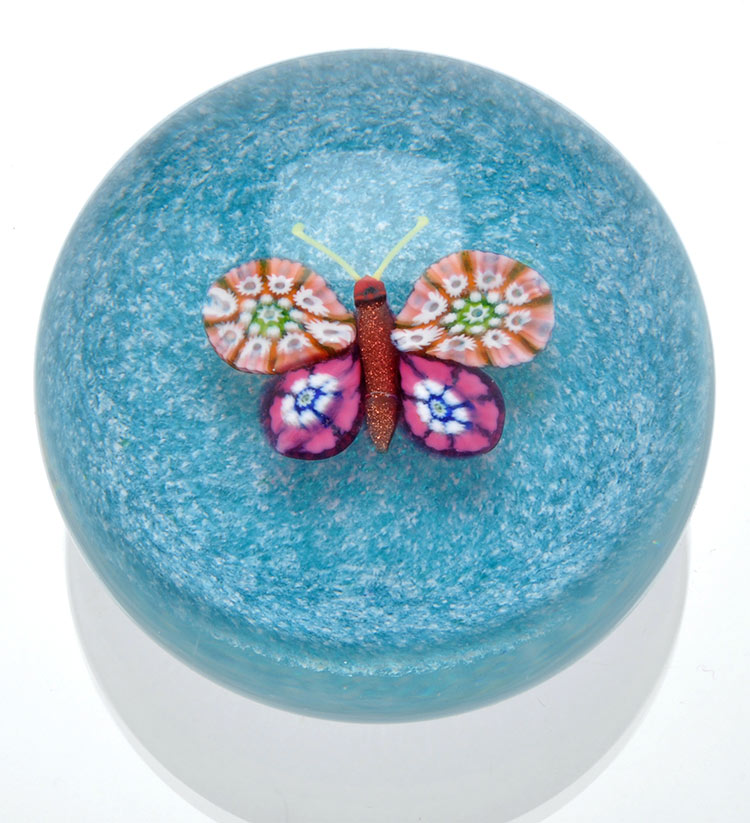 Paul Ysart (Harland): a paperweight, with millefiori butterfly to centre, on blue powder ground,