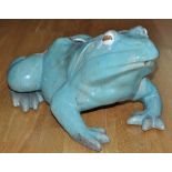 A large pottery frog garden ornament, with turquoise glaze, 51cms (20in.) length.