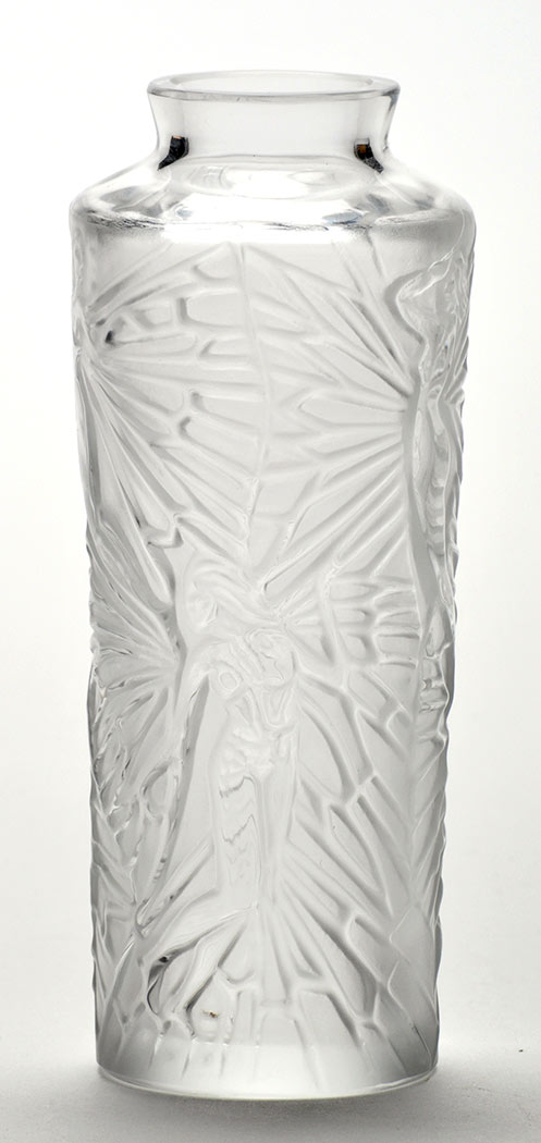 Lalique: a frosted soliflore glass vase, with fairy decoration, inscribed to base R. Lalique 10.